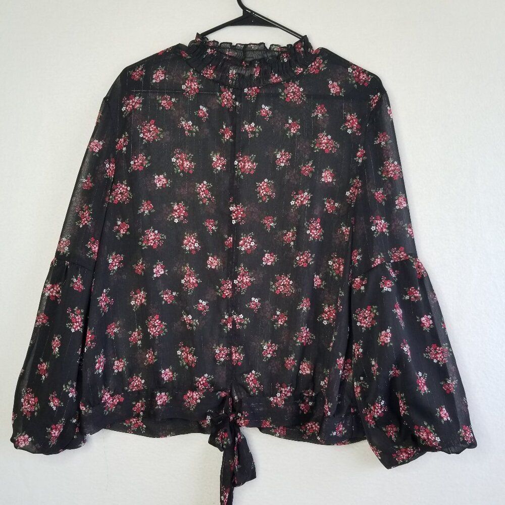 Maurices Black Floral Metallic Thread Sheer Hippie Blouse Women's Large